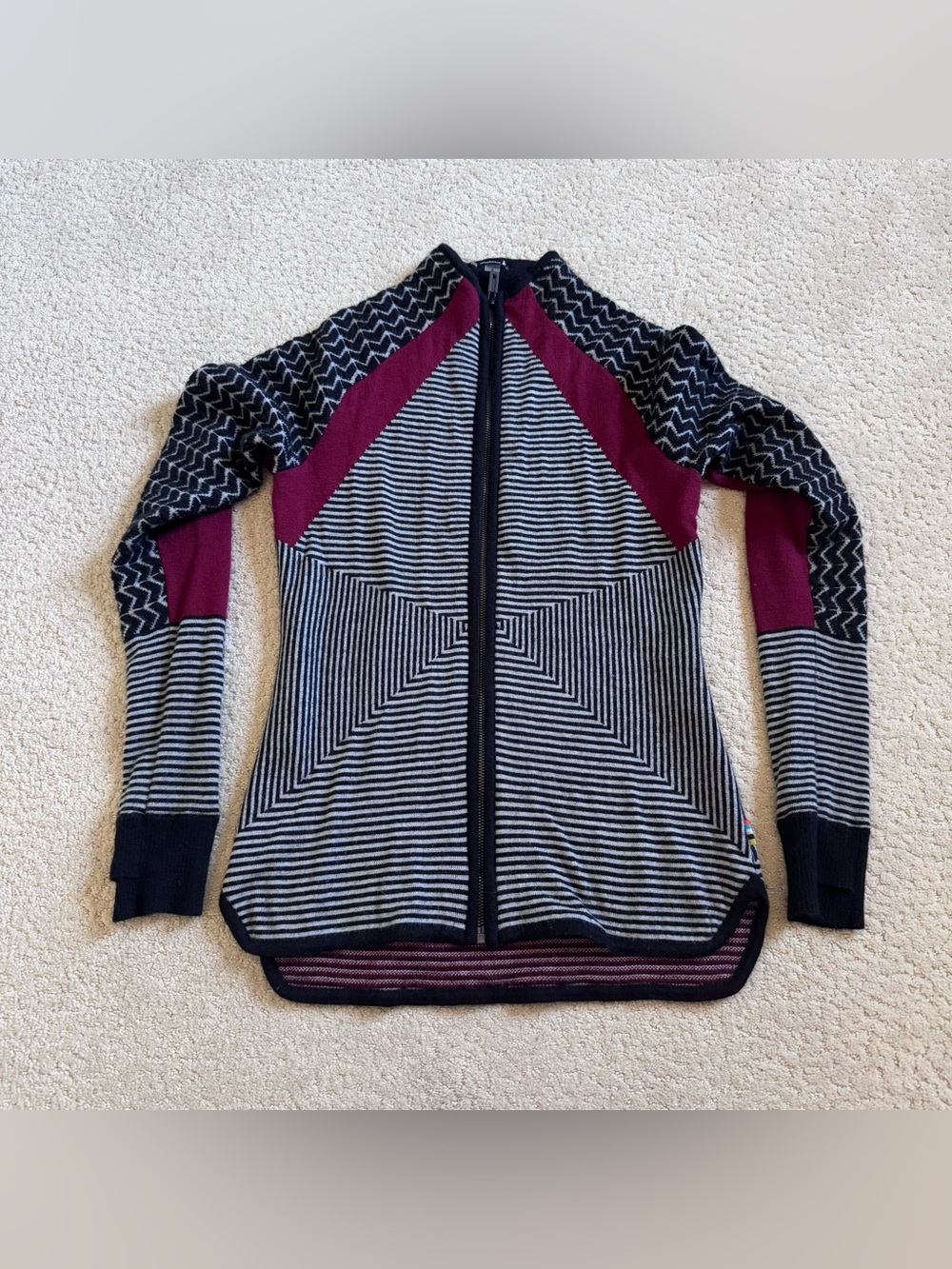 Smartwool Dacono Ski Full Zip Sweater Cardigan Stripe Gray Black Wool Small
